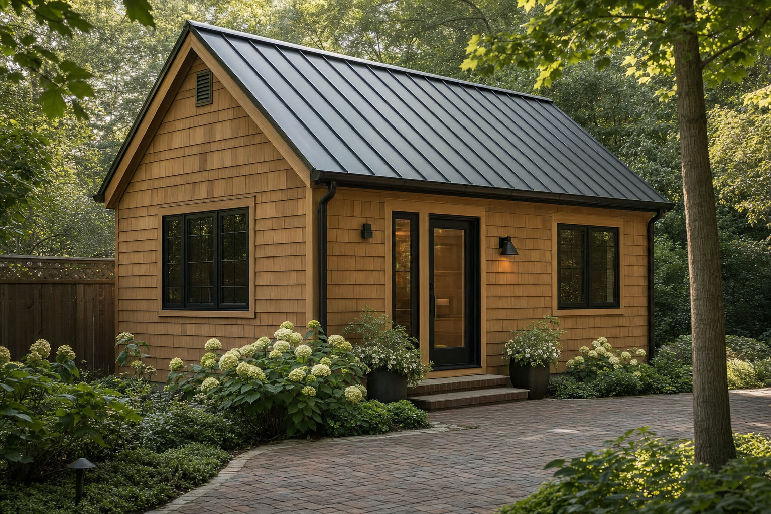 Detached accessory dwelling with cedar shingle siding and a standing seam metal roof in a leafy backyard.