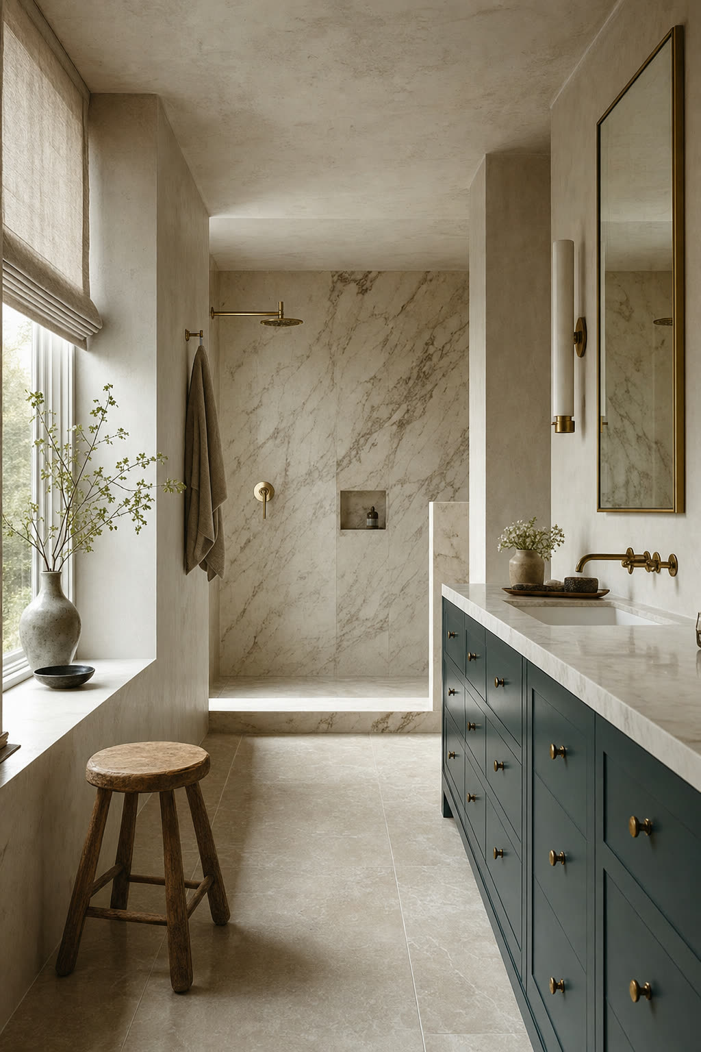 Renovated bathroom with marble surround, brass fittings and a deep teal vanity.