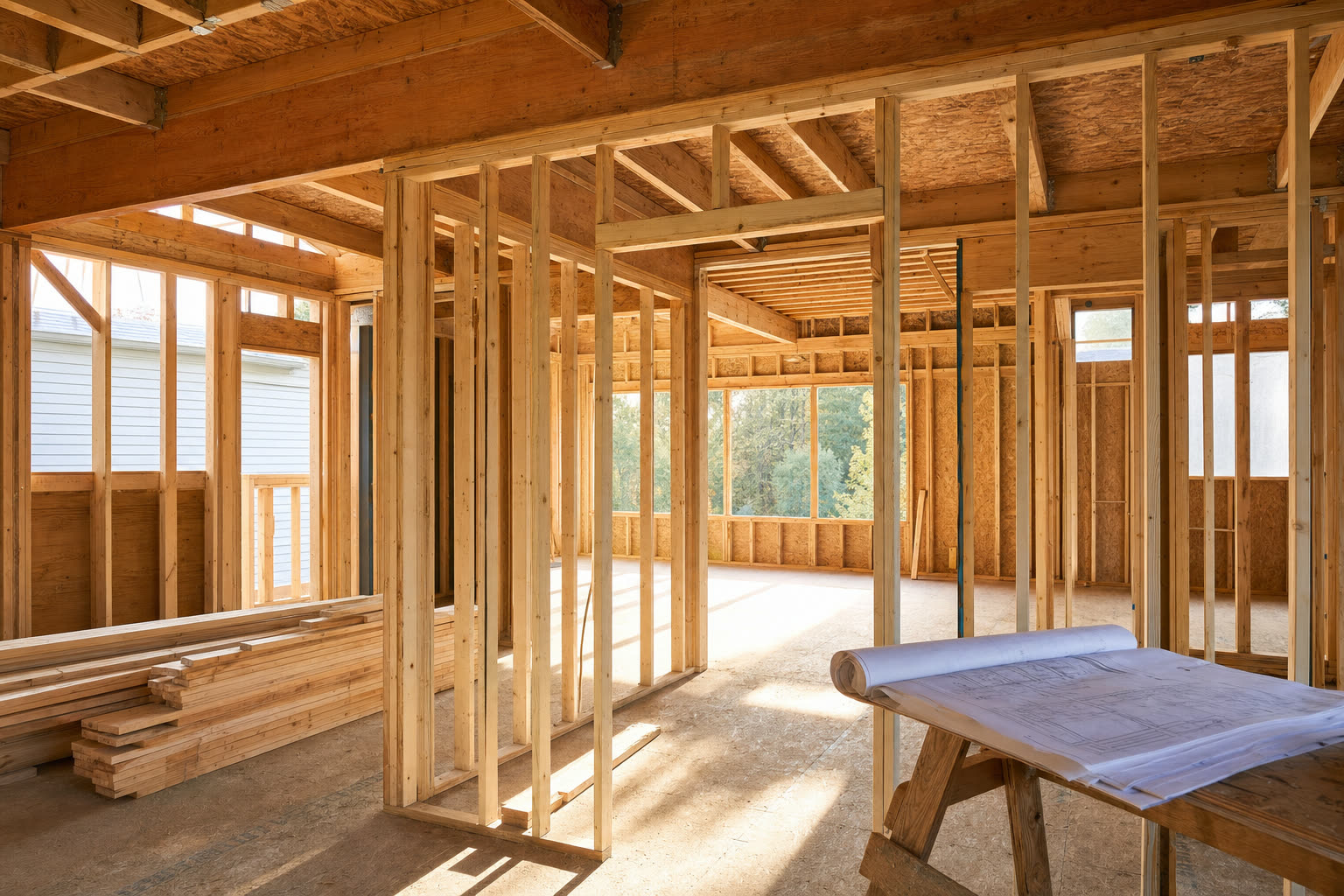 Interior framing of an addition, with new stud walls, floor joists and drawings laid out on a sawhorse.