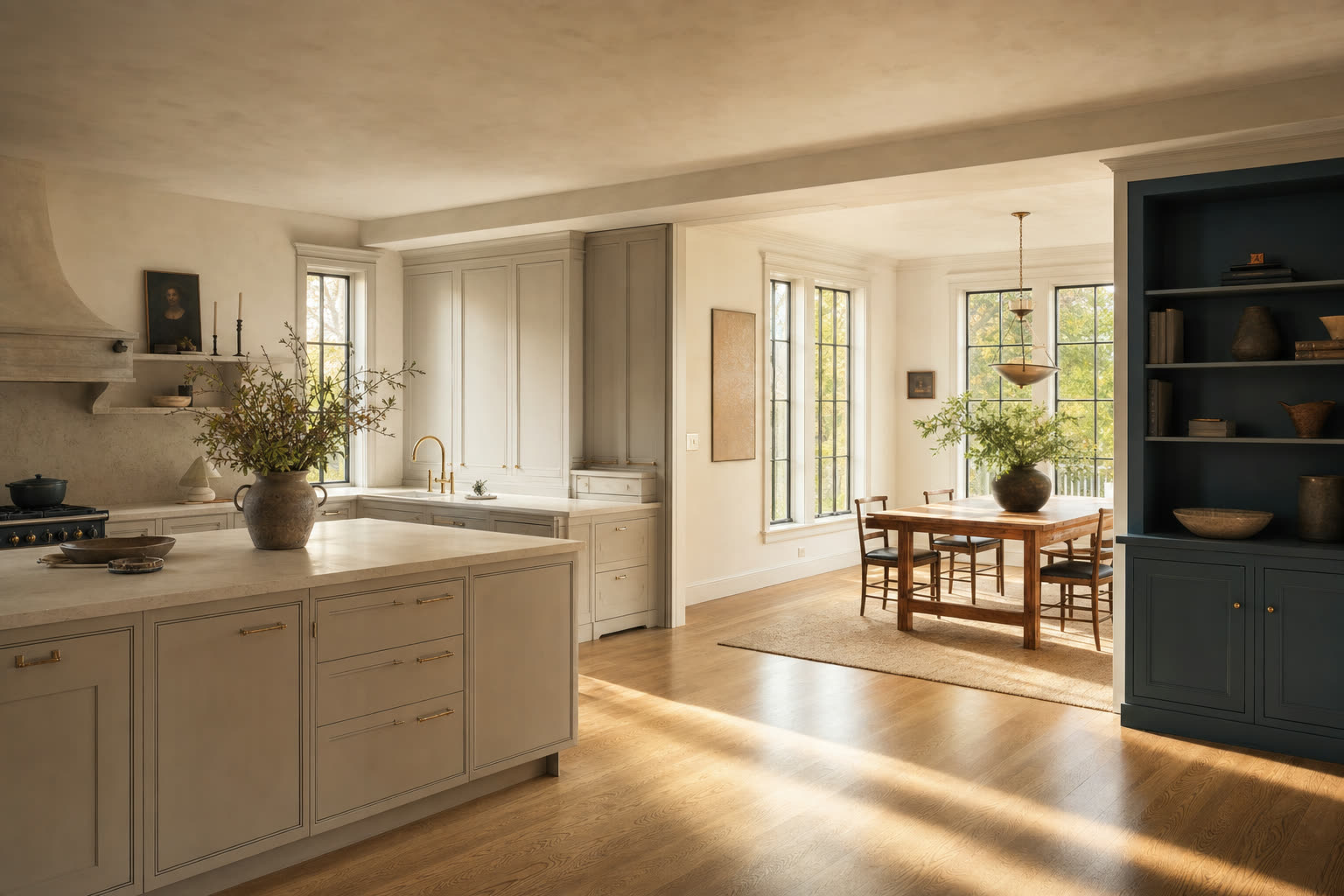 Sunlit kitchen and dining room in a renovated older home, with painted inset cabinetry, stone counters and white oak floors.