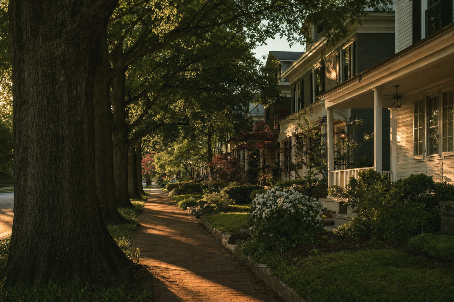 Tree-lined residential street at golden hour with brick sidewalk and older homes with porches.